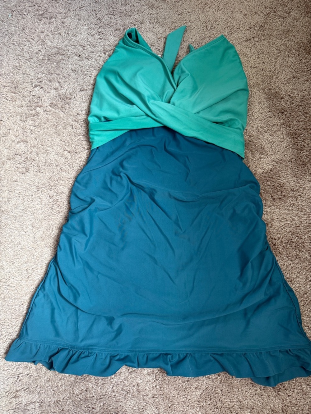 Two-Tone Teal & Aqua Twist Front Swim Dress